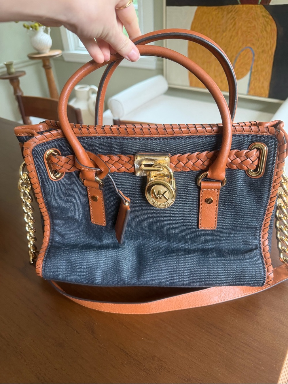Michael Kors Denim Tote with Brown Leather Trim & Gold Hardware
